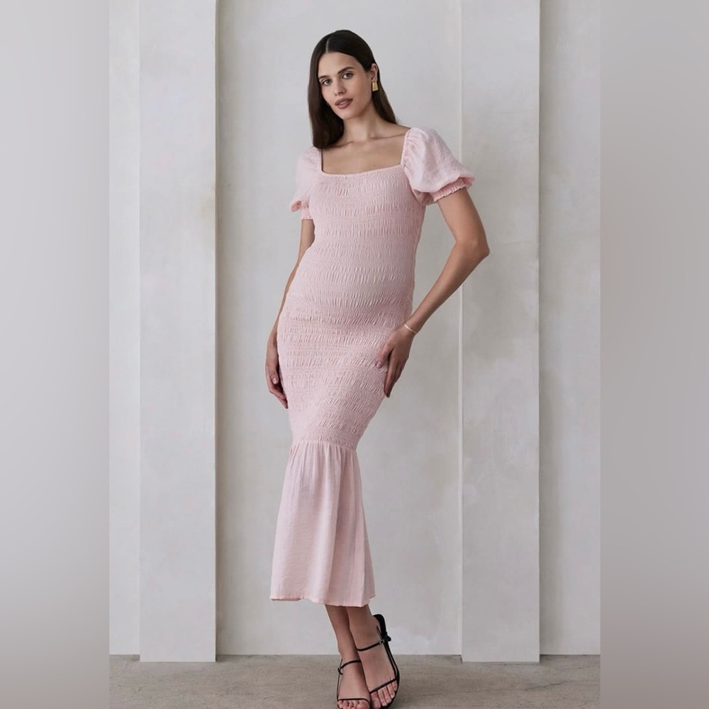 BUMPSUIT Shirred Puff Sleeve Dress in Blush Gauze